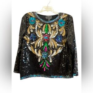 Vintage Jean for Joseph Le Bon Silk Sequin Beaded Evening Top L 80s Glam Disco